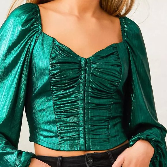 NWT!!! Privy Green Metallic Ruched Corset Cropped Top - Picture 2 of 4